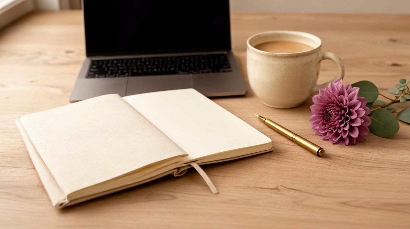 An open cream linen notebook, a slightly open laptop, a handmade ceramic mug of tea, a brass pen and a single dusty-mauve dahlia with a sprig of eucalyptus on a sunlit oak desk.